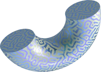 Fotobehang Hokusai The Great Wave Bent tube with intricate blue green pattern abstract 3D render modern metallic surface maze-like texture isolated on light background futuristic digital artistic design concept  © RuleByArt