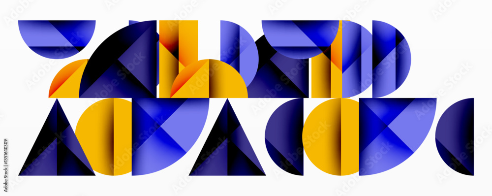 Poster Abstract geometric background with layered gradient shapes forming dynamic patterns. Overlapping semi circles and triangles create depth and contrast