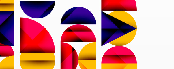 Abstract geometric background with layered gradient shapes forming dynamic patterns. Overlapping semi circles and triangles create depth and contrast