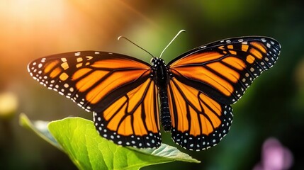 Close-Up of a Monarch Butterfly with Vibrant Orange Wings on Green Leaf Against a Soft Light Background