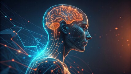 Digital human profile, artificial intelligence, glowing circuit patterns, holographic head