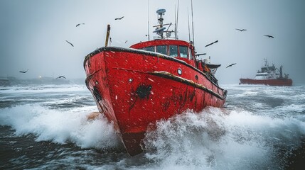 Naklejka premium A bright red fishing boat sailing through rough stormy waters