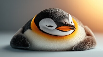 Adorable fluffy penguin chick curled up sleeping peacefully