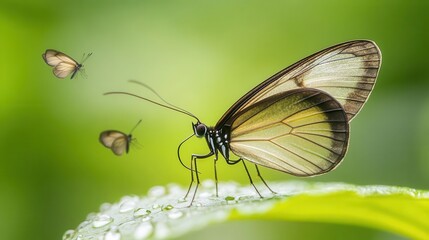Obraz premium Closeup of a Beautiful Butterfly Resting on Dewy Leaf with Soft Green Background in Nature