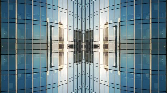 mirrored fractal effect of modern tall skyscraper building and urban city environment, symmetry glass and metal exterior, creative tech abstract background 4k, immersive geometric pov