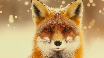 Close-Up Portrait of a Majestic Fox with Snowfall in a Winter Forest Environment