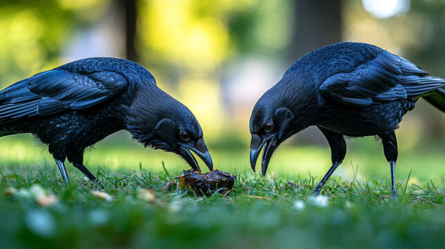 Two crows eating food on green grass in a park with blurred background during the daytime outdoors