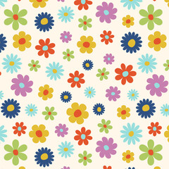 A vibrant floral pattern featuring a variety of shapes and sizes in soft and rich hues. Flowers in red, orange, blue, yellow, green and purple are set against a light cream background. This fun and