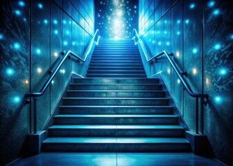Fototapeta premium Blue light paints a bokeh staircase, descending into a shadowy, enigmatic night.