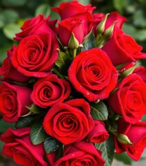 Obraz premium A lush bouquet of velvety red Valentine roses, glistening with morning dew, vibrant, passion, elegance