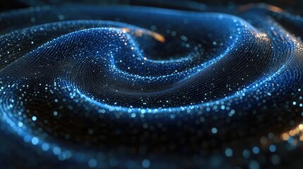Abstract swirling blue particles, dark background, digital art, website design