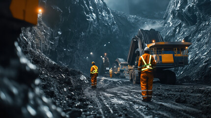 Coal mining with an open pit and shovels using equipment and workers in protective clothing and helmets