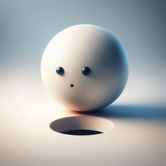 A white ball with eyes and mouth in front of the hole. Space for text.