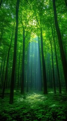 Naklejka premium Sunbeams pierce dense, green forest canopy, illuminating forest floor