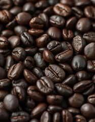 Dark roasted coffee beans, close-up, rich aroma, breakfast, dark roast