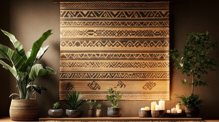 Bohemian wall hanging with plants and candles. Warm, earthy tones