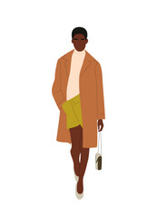 Young black woman walking, wearing smart casual warm autumn modern street fashion outfit. African american girl in coat, skirt. Vector colorful illustration isolated on transparent background.