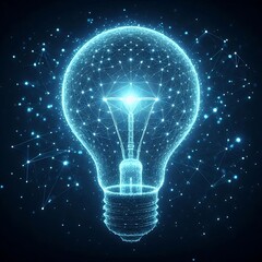 Abstract Futuristic glowing low polygonal light bulb isolated on dark blue