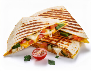 tasty grilled quesadilla slices filled with melted cheese and vegetables isolated on white background