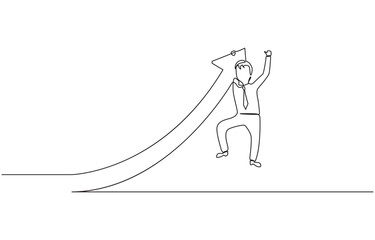 Business worker running with briefcase on rising arrow symbol, giant man supporting upward arrow, White collar worker follows the arrow and runs upwards, rushing towards the target.