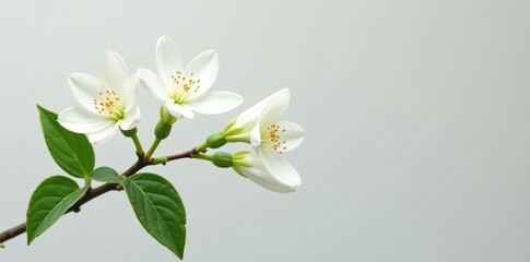 White flowers with leafy stems isolated on gray-white background, branch, stems, botanical