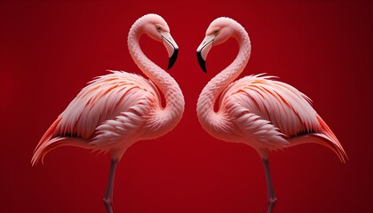 Obraz premium Vibrant Pink Flamingos Silhouetted Against a Bold Red Background