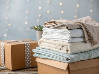 Bokeh-style image: stacked linens on a box, soft neutral tones, light gray backdrop, plenty of room for text.