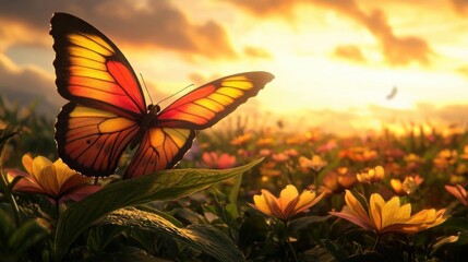 Fototapeta premium Colorful Orange And Yellow Butterfly Fluttering Over Vibrant Flowers During Sunset In Nature