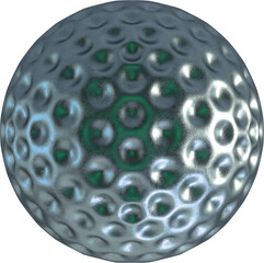 Futuristic metallic sphere with circular indents and green glow. Reflective surface with textured finish ideal for digital sci-fi art and modern 3D design projects