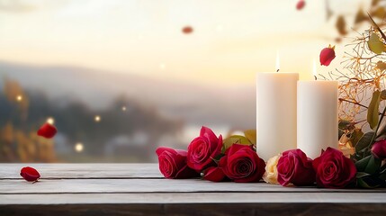 Burning candles and red roses on wooden surface, soft sunset backdrop