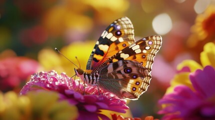 Colorful Butterfly Sitting on Vibrant Flowers in a Sunlit Garden Full of Natural Beauty