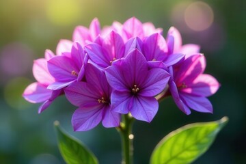 Fototapeta premium Vibrant Purple Flowers Basking in Golden Sunlight A Close-Up View of Delicate Petals and Lush Green Foliage