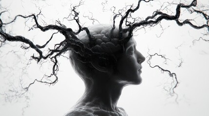 Monochromatic profile of a person with dark, vine-like tendrils emerging from their head, resembling roots or veins