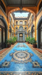 Obraz premium Ornate courtyard with blue tile floor, plants, and arched doorways