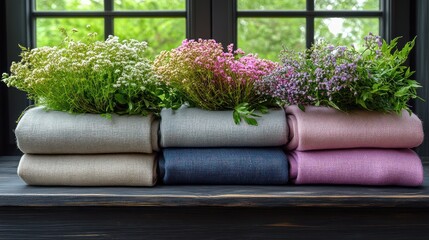 Folded sweaters displayed with wildflowers on window sill