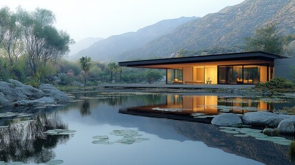 Modern house nestled in serene mountain landscape, reflected in tranquil pond