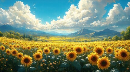 Obraz premium Sunny Sunflower Field, Mountain View, Beautiful Landscape