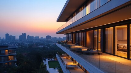 High-rise apartment balcony overlooking cityscape at dusk