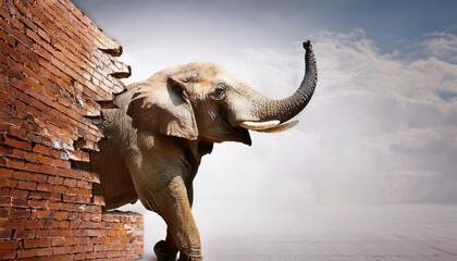 Obraz premium artistic elephant sculpture breaking through brick walls creative design modern style copy space