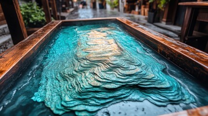 Obraz premium Detailed terrain model encased in resin, displayed on wooden frame. Intricate layers depict topography