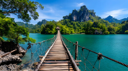 Obraz premium Bamboo Suspension Bridge Extending Over Ocean to a Remote Island Escape