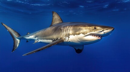 Fototapeta premium Great White Shark Swimming Gracefully Underwater in the Clear Blue Ocean