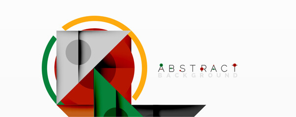 Abstract geometric composition with overlapping triangles, circles, and gradients, featuring a central circular design with text