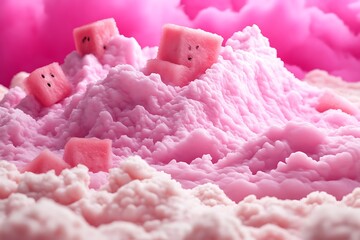 Pink fluffy landscape with watermelon cube shaped pieces scattered about