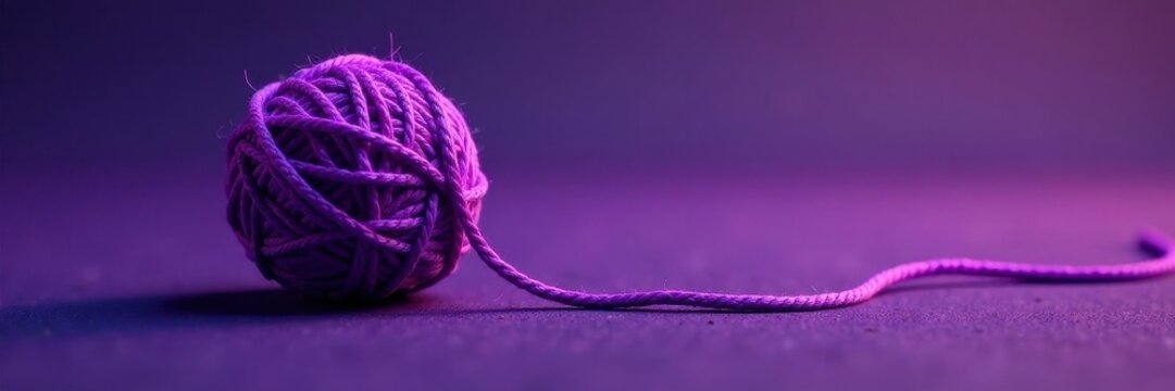 Round purple yarn ball, loose end trails downward , coil, knitting