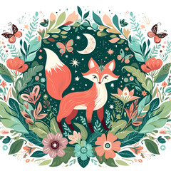 Charming fox among flowers and butterflies in a whimsical design  