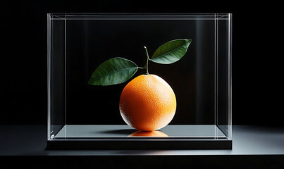 Futuristic glass framed showcase featuring a solitary vivid orange fruit with a green leaf presented against a dark minimalist background for a modern premium product display 