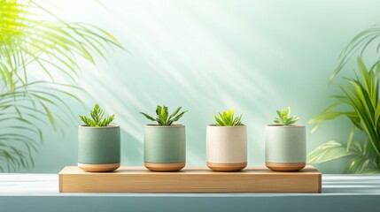 Four small potted succulents on wooden shelf, bathed in sunlight against a green wall
