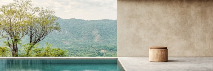 Fototapeta premium Tranquil poolside scene, mountain view, wooden stool