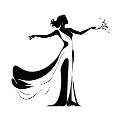 A black and white vector silhouette of a stylish woman standing confidently with refined posture on a white background